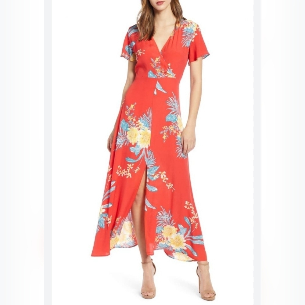 Leith Floral Print Maxi Red Dress Short Flutter Sleeves, Size S